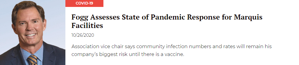 Association vice chair says community infection numbers and rates will remain his company's biggest risk until there is a vaccine.